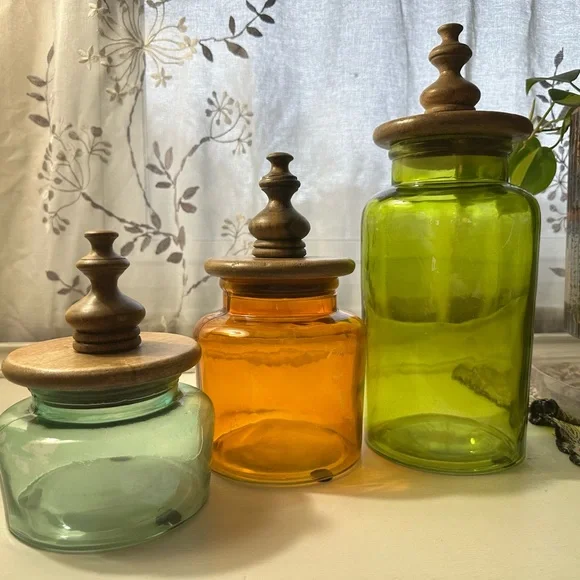 Set of Three Colorful Glass Jars with Wooden Lids - Picture 2 of 16